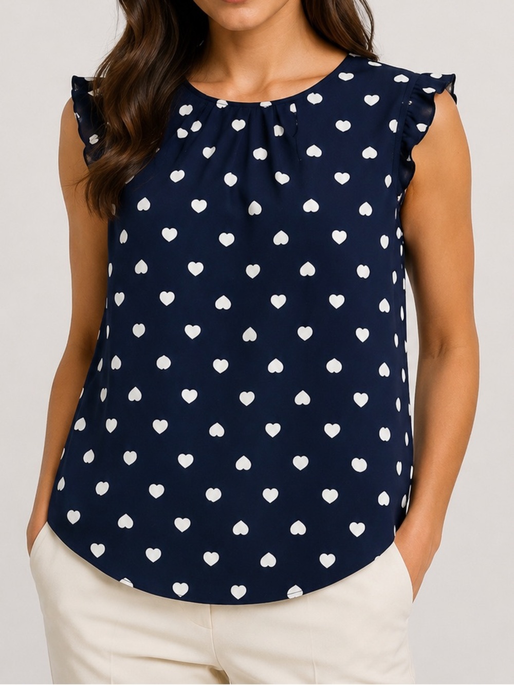 LOFT Navy Blue Heart Print Blouse Size Large Cap Sleeve Top